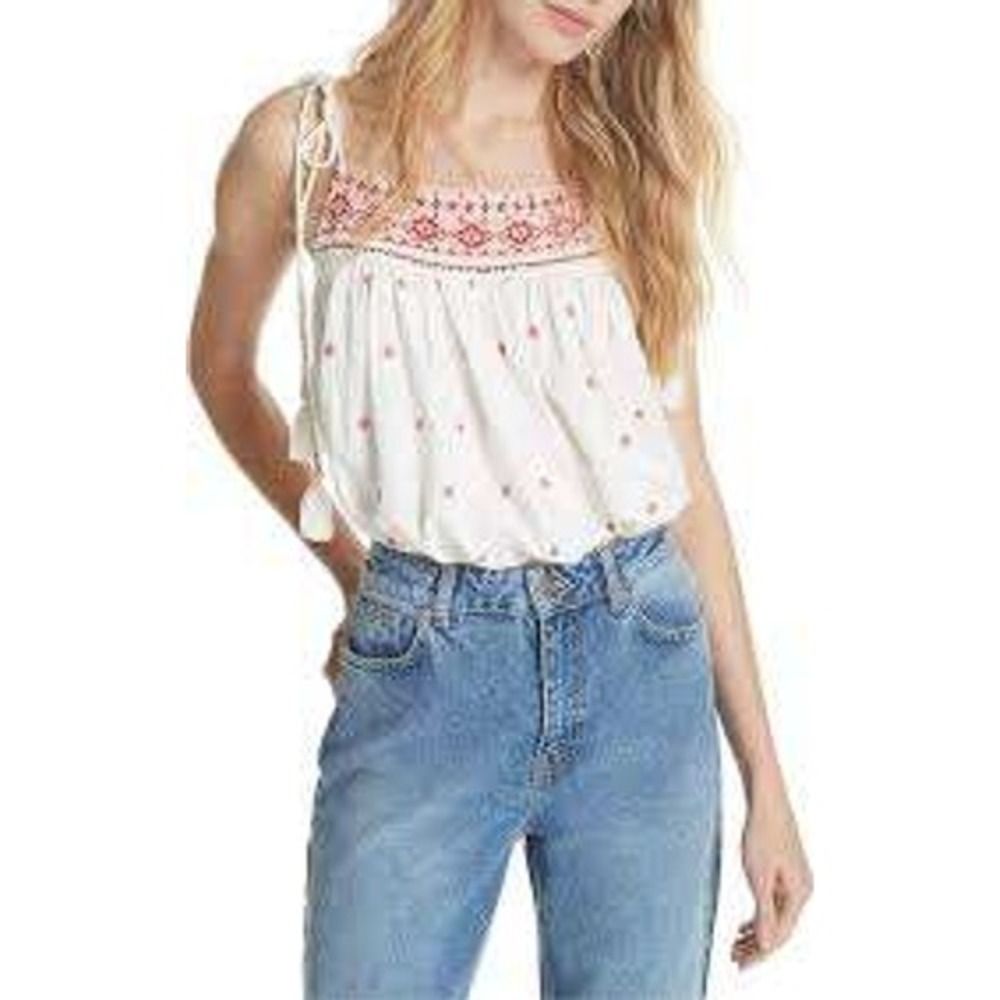 Free People Ivory Red Embroidered Tassel Tie Gauze Camisole Top OB823280 XS